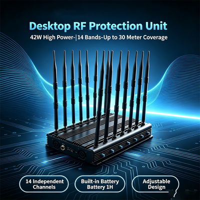 Kopen 42W 14-kanaals Desktop Signal Jammer met omnidirectionele antenne voor cellulair signaal blokkeren online vervaardiging