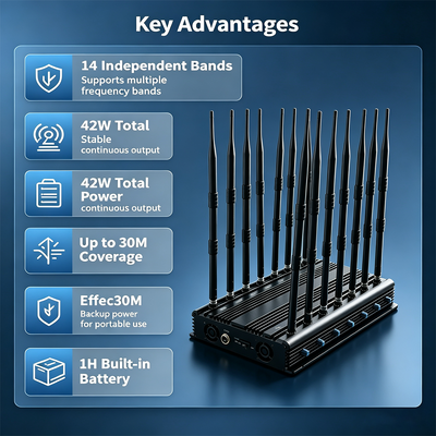 Kopen 42W 14-band bureauband RF jammer met omnidirectionele antenne voor kantoorprivacy online vervaardiging