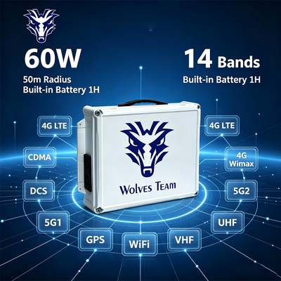 Kopen 60W 14-band Desktop Signal Jammer met ingebouwde batterij voor 4G LTE 5G WiFi GPS VHF UHF Lojack online vervaardiging