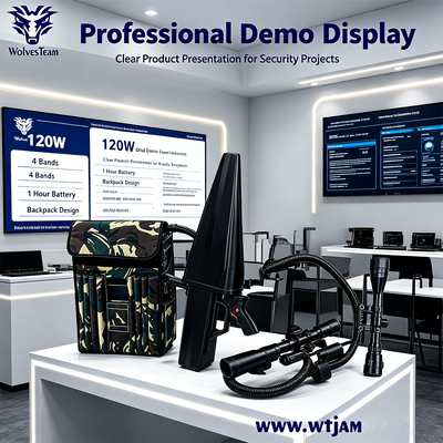 Kopen 120W Backpack Drone Jammer met 4 banden GPS L1 L2 WiFi 2.4G 5.8G en 1 uur batterij voor VIP-bescherming online vervaardiging