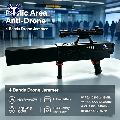 Kopen 80W 4-kanaals drone-signaalblokker met 500-1000m verstoringsbereik voor VIP-bescherming online vervaardiging