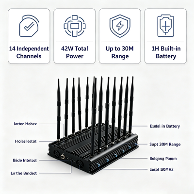42W Desktop Signal Jammer met 14 banden en Omnidirectionele Antenne voor 2G 3G 4G 5G WiFi GPS VHF UHF Lojack